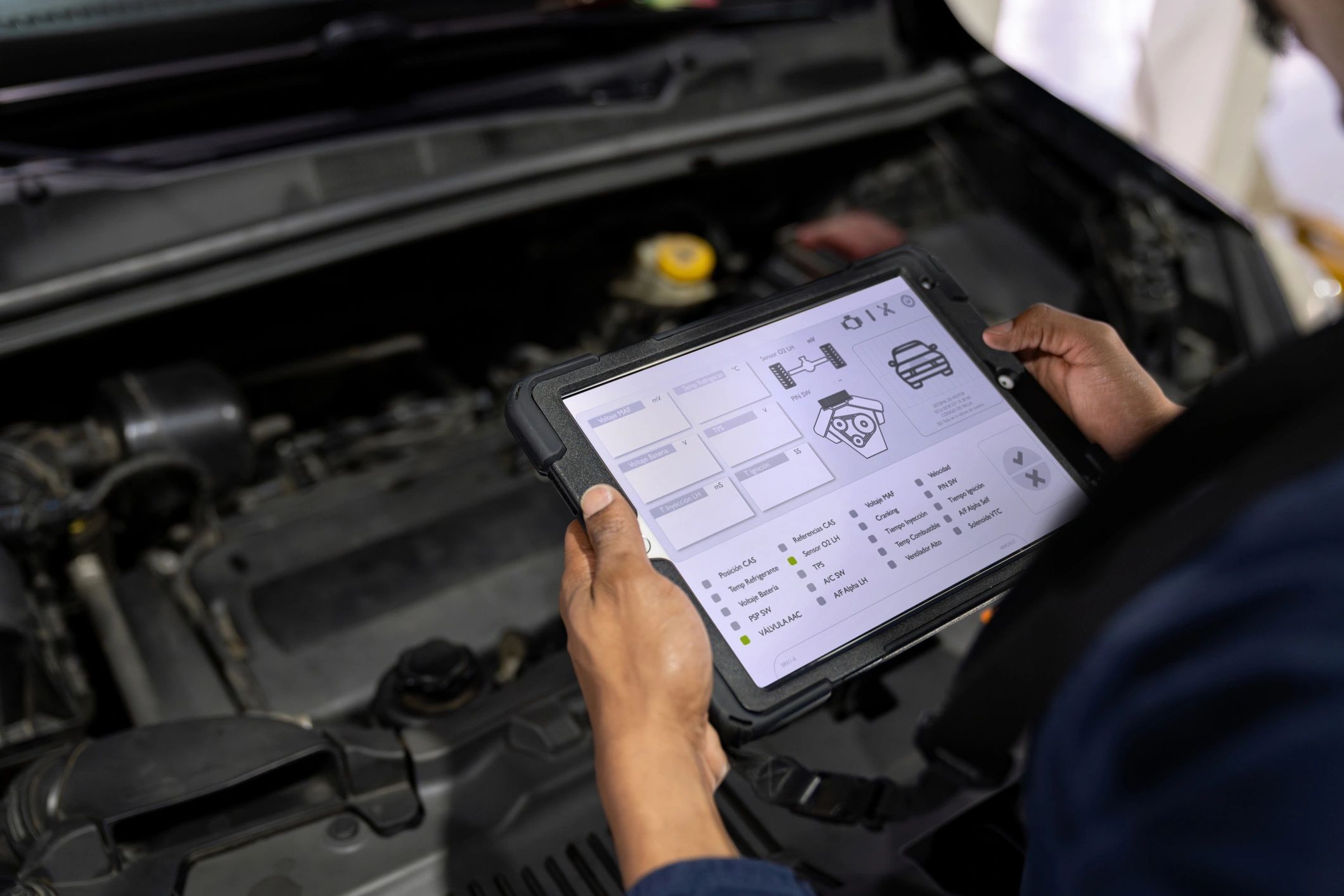 Mechanic using diagnostic scanner on a Japanese vehicle